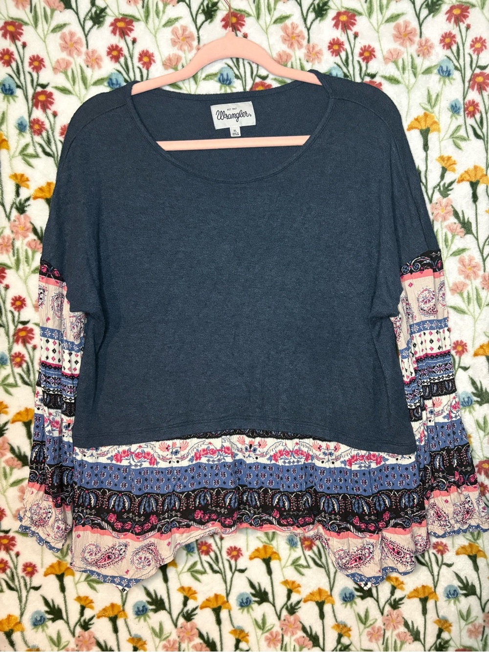 Wrangler Navy Blue Top with Printed Border Sleeves
